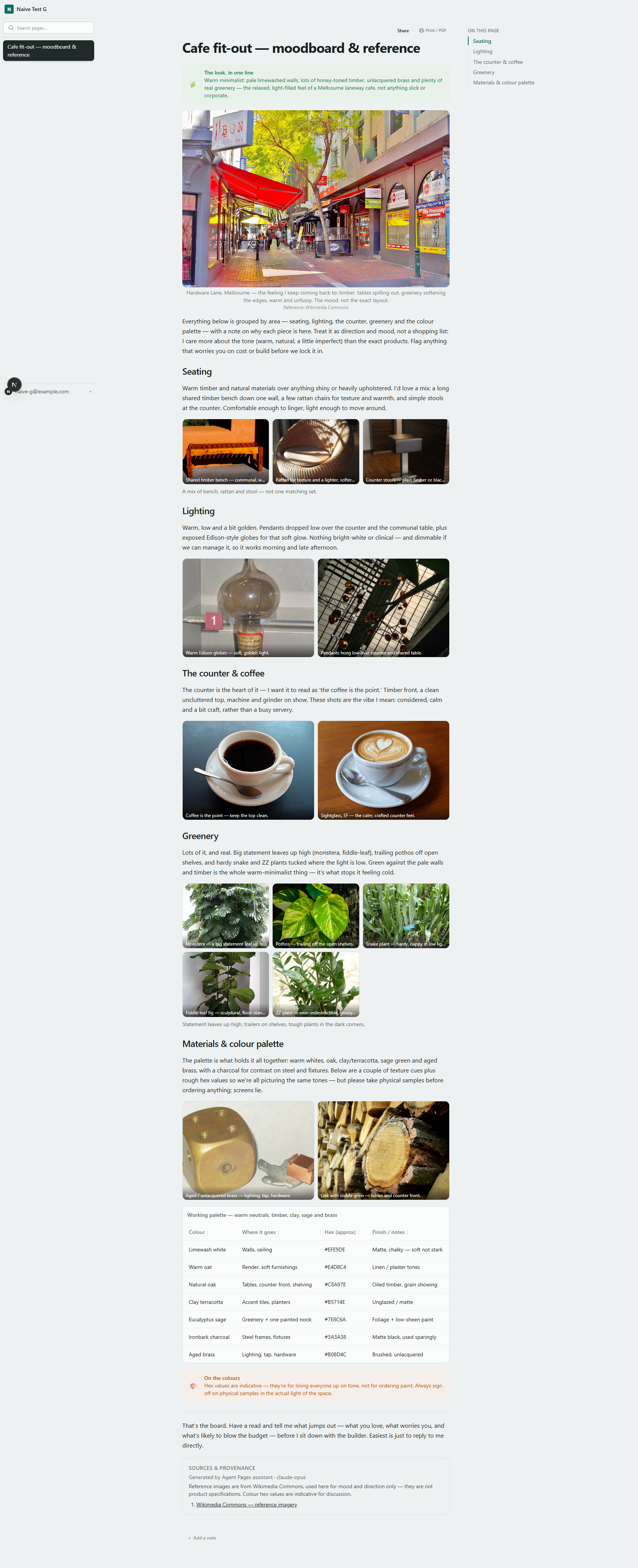 A cafe fit-out moodboard built by an agent: a hero photo, grouped image galleries and a colour-palette table.